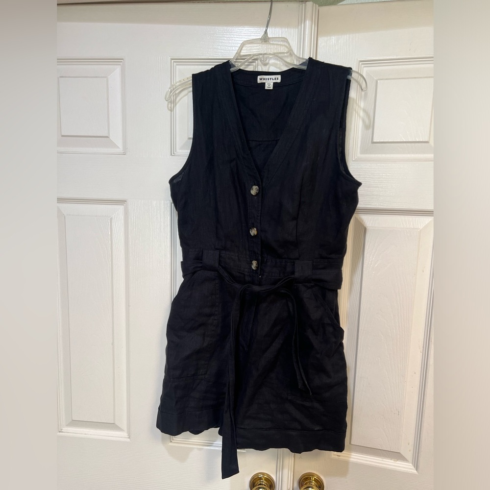Whistles Black Linen mini belted Playsuit Romper sz 8‎ pockets minimalist summer